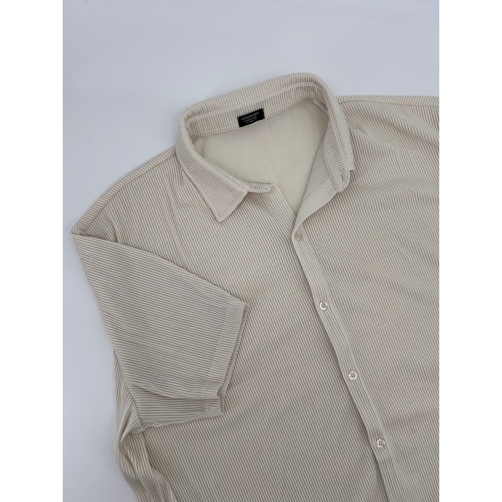 COOFANDY Mens Beige Ribbed Short Sleeve‎ Collared Button Up Shirt XXL
